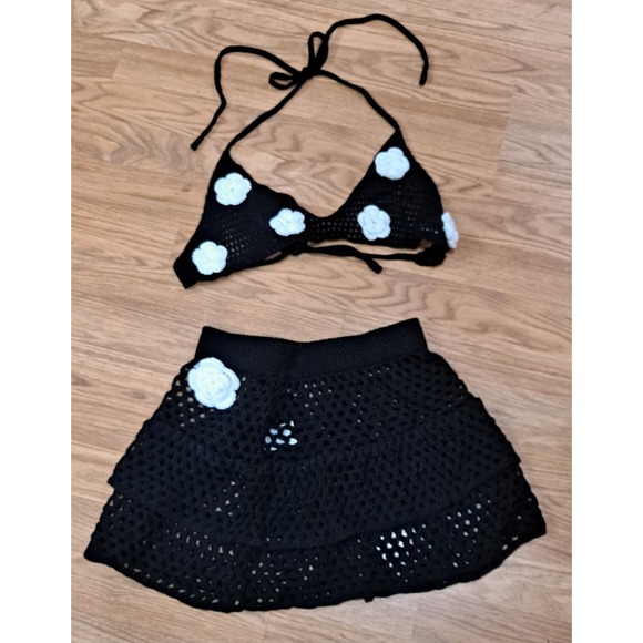 The Unbranded Brand Dresses & Skirts - M Black Crochet Mini Skirt Bikini Top Set With White Crochet Flowers